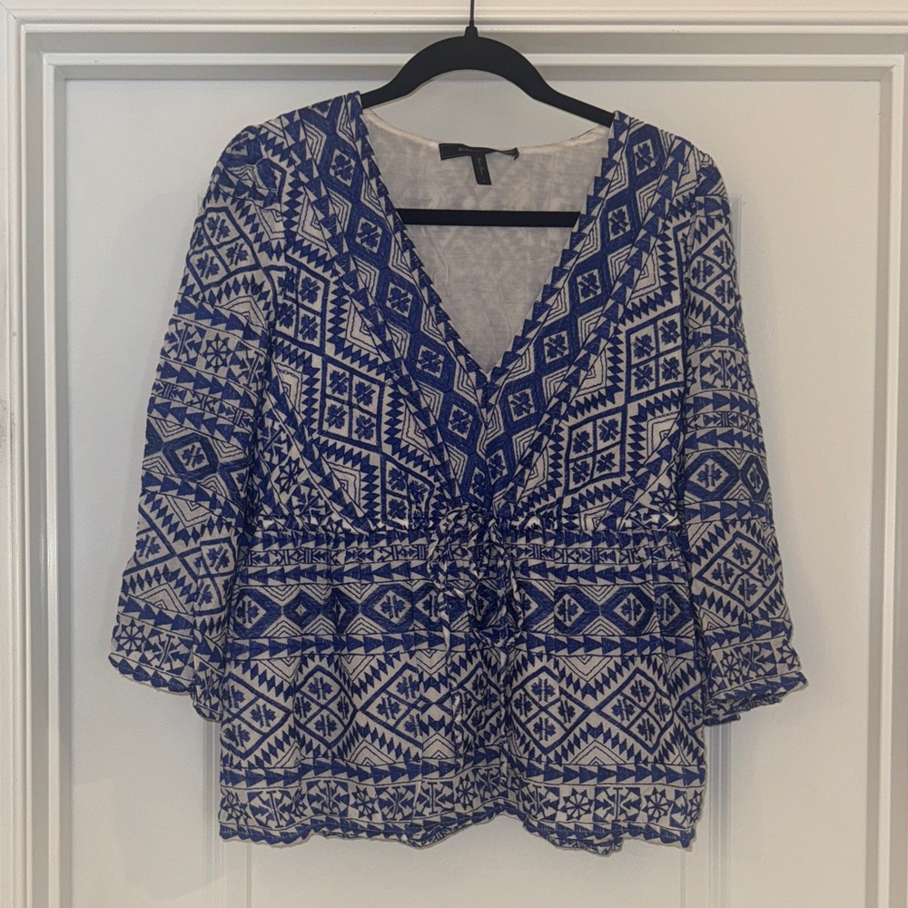 BCBGMaxAzria Blue and White Patterned Blouse
